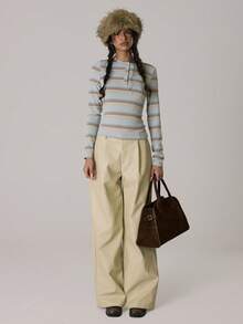 MUSERA 条纹长袖修身纽扣上衣，休闲可爱，适合秋季、春夏穿着，舒适居家休闲。 - 彩色 - 查看 5