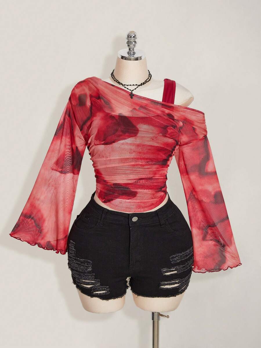 SHEIN ICON 大码女式扎染图案二合一上衣 - 酒紅色 - 查看 1