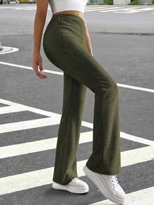 Muchica 女士純色高腰寬腿肋紋褲