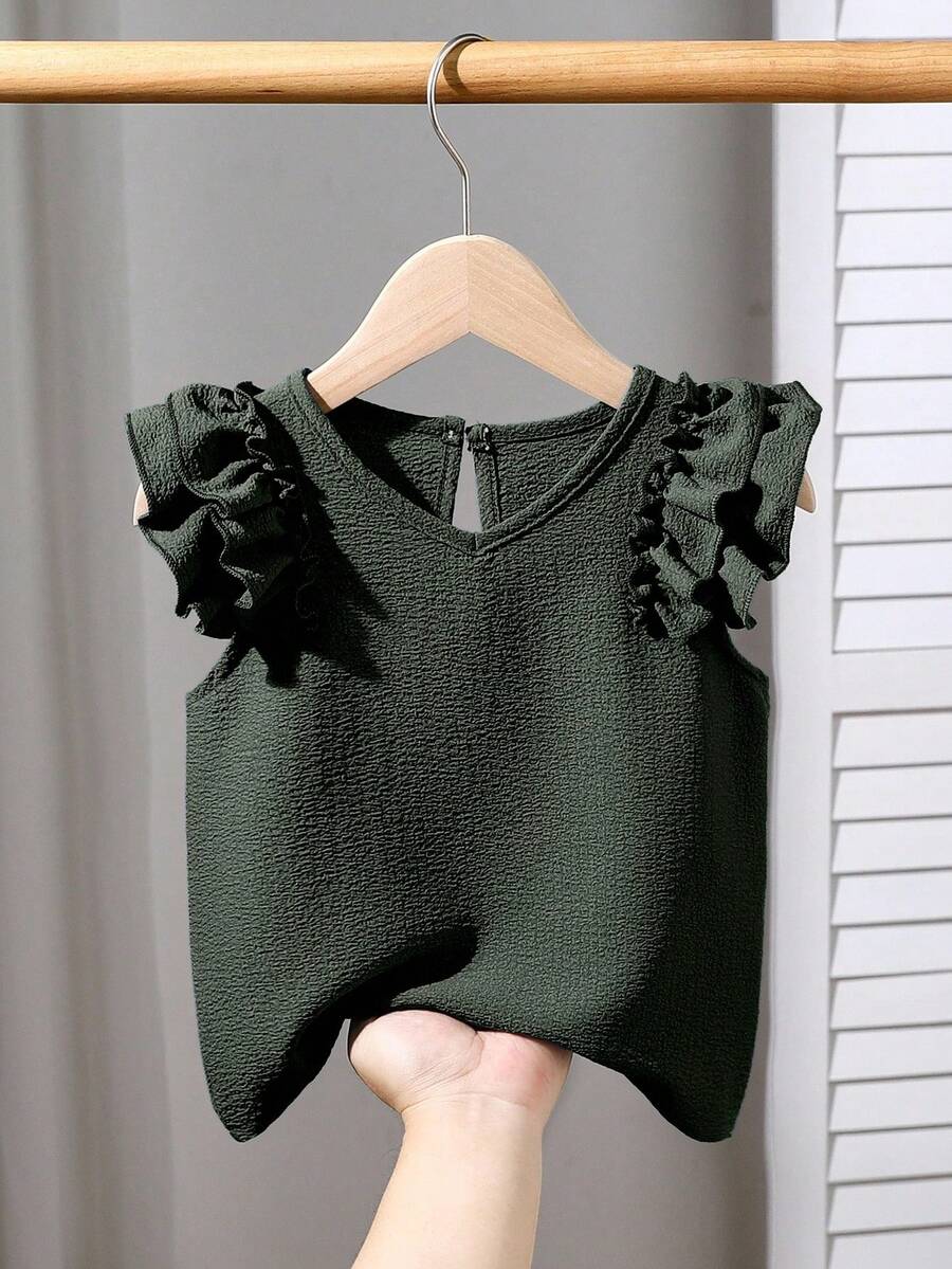 Genkimix Kids Young Girl' Textured Fabric Casual T-Shirt With Flutter Sleeves Ruffle Sleeve Top Girls - Army Green - View 1