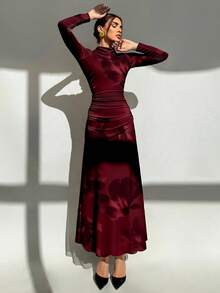 Aloruh 女士印花立领长袖褶裥连衣裙，优雅 - 中紫紅色 - 查看 4