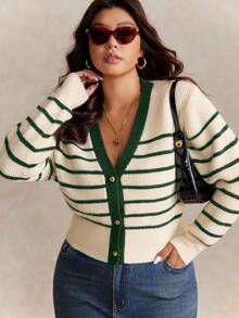 Elaquor Cardigan Lengan Panjang Bergaris Leher V Kasual Ukuran Plus untuk Wanita, Cocok untuk Pakaian Musim Gugur/Dingin untuk Wanita - Hijau - View 3