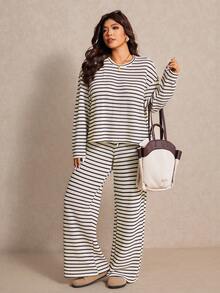 Elaquor Plus Size Women Striped Round Neck Drop Shoulder Long Sleeve T-Shirt And Pants Casual 2-Piece Set For Spring, Spring Outfits For Women - Multicolor - View 4