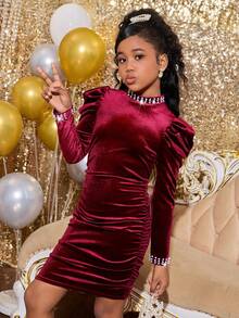 فستان مناسب للبنات المراهقات بياقة مزينة بالخرز وخصر ضيق وأكمام منتفخة، مناسب لحفلات عيد الميلاد، هدية عيد الميلاد، فستان أحمر، ملابس للبنات