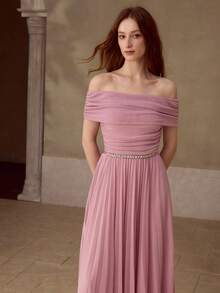 MOTF PREMIUM WOMEN'S OFF-SHOULDER RUCHED PLEATED MIDI DRESS