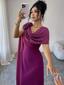 Rafferiza 女士浪漫优雅时尚约会晚宴假日茶歇裙，饰有花卉图案腰带和开衩设计，适合春、夏、秋季穿着。 - 中紫紅色 - 查看 1