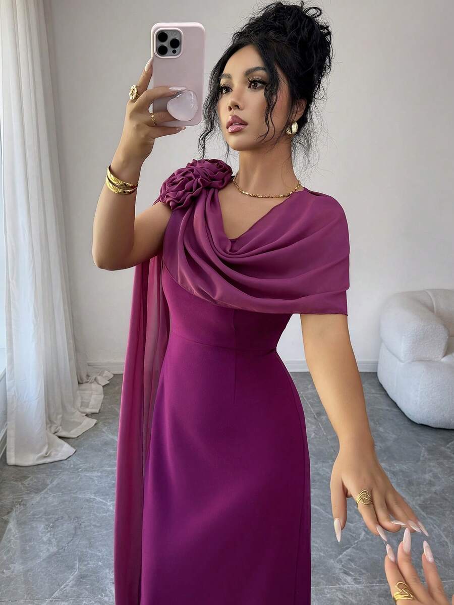 Rafferiza 女士浪漫优雅时尚约会晚宴假日茶歇裙，饰有花卉图案腰带和开衩设计，适合春、夏、秋季穿着。 - 中紫紅色 - 查看 1