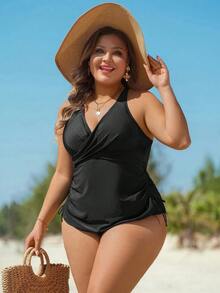 Swim Lushoire Plus Size Women Drawstring Detail Minimalist Style Tankini Swimwear Set, Suitable For Summer Beach Vacation - Black - View 1