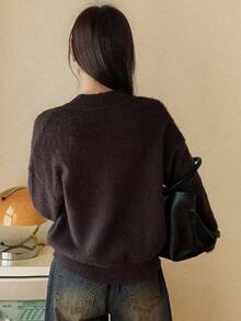 Dazy-Less 棕色宽松休闲百搭套头毛衣，时尚二合一设计，女士秋冬款