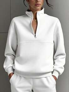 SHEIN EZwear Women Plain Color Zip Up Long Sleeve Sweatshirt, Simple Fashion,Graduation,Teacher,Back To School Pullover Fall