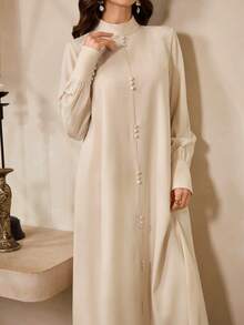 Al Najma Women's Elegant Party Solid Color Stand Collar Arabic Style Dress - Beige - View 4