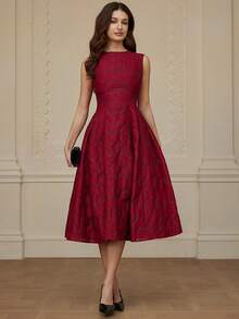 Aveloria Rosie Women's Round Neck Sweet Dress Style Cinched Waist Cutout Flared Hem Sleeveless Dress - Red - View 3