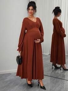 SHEIN Maternity Elegant V-Neck Solid Long Sleeve Ruffle Hem Midi Dress, Spring/Autumn - Coffee Brown - View 5
