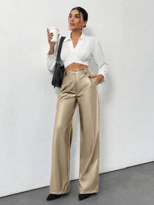 EURMUSE Prive Gold Button Detailed Straight Fit Leather Pants - Beige - View 8