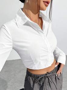 SHEIN EZwear 女士白色梭织收腰修身短款衬衫 - 白色 - 查看 5