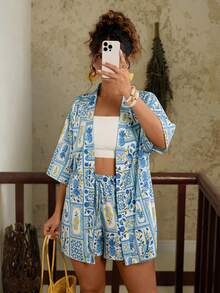 Travachic 两件套加大码休闲夏威夷印花和服短款 - 彩色 - 查看 3