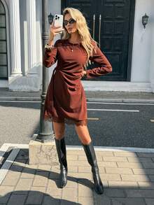 Serisse Women's Coffee Brown Long Sleeve Round Neck Pleated Mini Dress,Autumn Casual Elegant Earth Tone Outfit For Holiday,Valentine,New Year's Eve,Occasion - Coffee - View 6