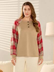 Momelise Plus Size Jacquard Plaid Patchwork Crew Neck Pullover Loose Casual Sweatshirt For Women - Khaki - View 3