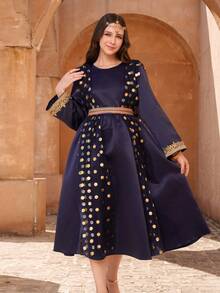SHEIN Teen Girl Gold Polka Dot Round Neck Long Sleeve Casual Dress, Suitable For Daily Wear, Commute And School, Spring/Summer - Royal Blue - View 4