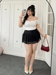 SHEIN EZwear 大码女式蕾丝撞色荷叶边下摆开叉腰短款 A 字裙夏季 - 黑色 - 查看 4
