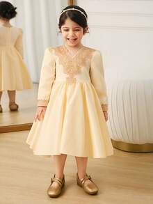 Glamorique Kids Champagne Long Sleeve Satin Embroidered Flower Girl Dress For Baby Girls,Elegant White Summer Birthday Party Gown,Ruffle Hem Princess Performance - Champagne - View 3