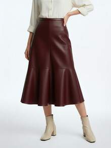 Aalyst Women's Burgundy Solid Color Leather Patchwork A-Line Ruffle Hem Midi Skirt,Elegant French Retro Street Style,Versatile For Autumn,Dining&Party - Maroon - View 3