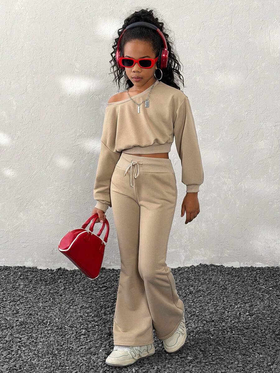 Coolane Kids Tween Girls Fall/Winter,2pcs/Set Brown Asymmetric Neck Sweatshirt And Flare Sweatpants Set,Christmas,New Year ,Thanksgiving - Khaki - View 1