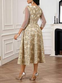 SHEIN Lady 春夏优雅派对婚礼鸡尾酒会音乐会/音乐节蓝色提花圆领喇叭形3D玫瑰修身连衣裙中长七分袖连衣裙优雅女士连衣裙高贵套装优雅礼服婚礼 - 杏色 - 查看 2