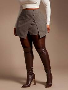 Radiana Plus Size Women's Vintage Unique Brown Houndstooth Woolen Fabric High Waist Shorts/Mini Skirt,Skort, Maillard Color, Business Casual Bottoms Suitable For Leisure, Commute, Office, Party, Autumn/Winter Brown Shorts Women Leather Shorts Women,Spring To Summer, - Brown - View 12