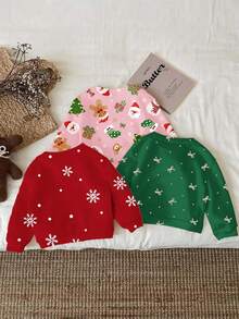 3 Stücke Baby Mädchen Weihnachts-Rentier, Schleife Lebkuchen, Weihnachtsmann, Weihnachtsbaum Grafik lässige weite dicke weiche bequeme Rundhals Langarm Sweatshirts, geeignet für Herbst/Winter Alltag, Weihnachten, Straßenmode, Zuhause - Verschiedenfarbig - Übersicht 2