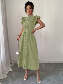 New Solid Color Lapel Ruffle Sleeve Cinched Waist Women Shirt Dress - Pastel Green - View 5