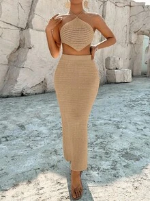 Breezaya 女士纯色吊带上衣和半身裙套装，休闲度假针织两件套，针织长裙，镂空连衣裙，露肩连衣裙，修身长裙 - 卡其色 - 查看 3