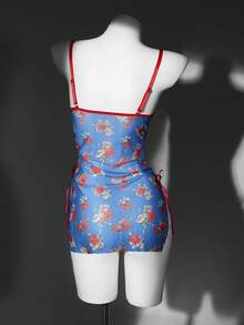 Seduluxe 复古蕾丝拼接花卉修身A字吊带裙，性感女士睡袍 - 藍色 - 查看 2