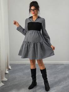 SHEIN Maternity Long Sleeve Plaid Patchwork Casual Ruffle Hem Dress
