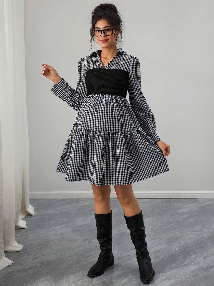 SHEIN Maternity Long Sleeve Plaid Patchwork Casual Ruffle Hem Dress