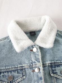 SHEIN Chaqueta vaquera azul lavada informal y holgada para niños preadolescentes, con diseño de cuello y forro térmico cómodo, versátil para otoño/invierno - Lavado ligero - Ver 7