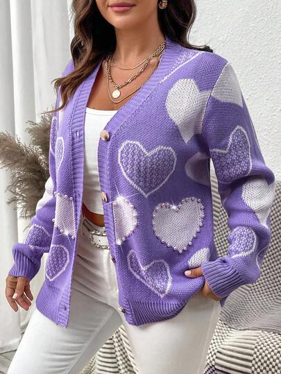 Cardigan tricotat cu mânecă lungă, model de inimă, decorat cu perle artificiale, mărime mare, toamnă/iarnă