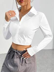 SHEIN EZwear 女士白色梭织收腰修身短款衬衫 - 白色 - 查看 3