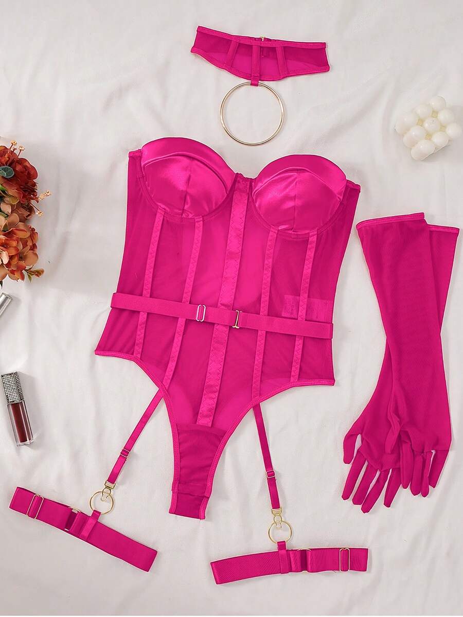 SHEIN 5 قطع بودي سويت أنيق وجذاب للنساء باللون الأسود - روز أحمر - مشاهدة 1