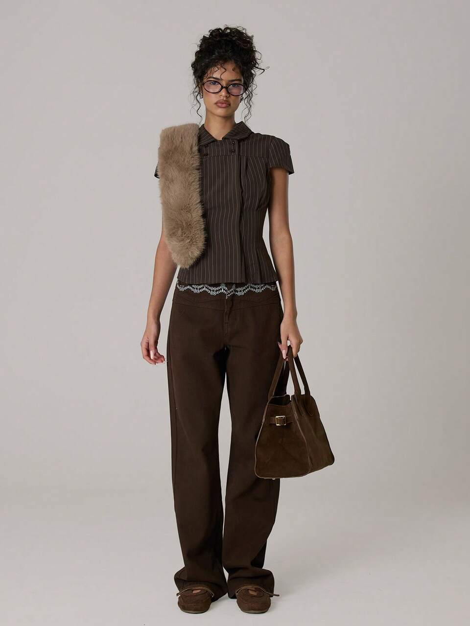Brown Puff Sleeve Cinched Waist Stripe Shirt Top