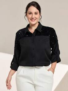 Momelise Kemeja Fashion Wanita Ukuran Besar dengan Hiasan Payet, Patchwork, dan Ruffle di Manset, Kancing Tunggal - Hitam - View 5