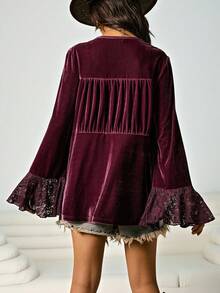 SHEIN EZwear 大码女式花卉刺绣撞色蕾丝系带天鹅绒衬衫，时尚度假风，秋冬款 - 中紫紅色 - 查看 2