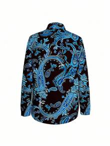 EMERY ROSE 女士前开襟长袖印花简约休闲衬衫，适合日常穿着，波西米亚风女式衬衫，优雅波西米亚风女式衬衫，性感女式衬衫，女士衬衫和上衣 - 彩色 - 查看 2