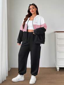 SHEIN EZwear 两件套加大码运动休闲撞色标语印花卫衣外套+运动裤套装，秋冬款 - 彩色 - 查看 6