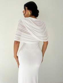 Firerie 优雅浪漫约会黄色纯色荷叶边领不对称褶裥修身连衣裙，适合海滩、机场、度假、教师等场合。 - 白色 - 查看 7