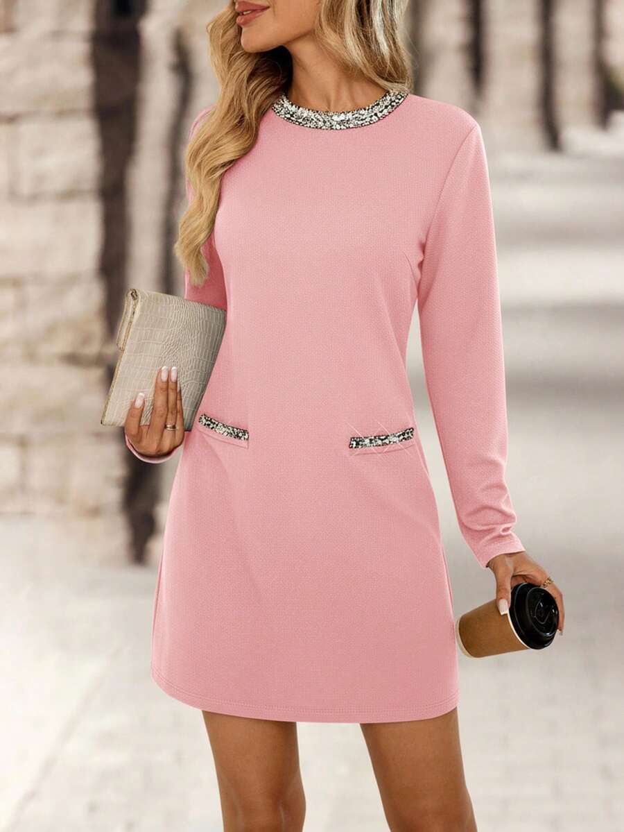 EMERY ROSE 女士亮片拼接圆领长袖时尚迷你连衣裙 - 粉色 - 查看 1