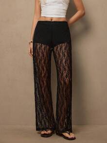 Freevana 女士弹力腰带花卉蕾丝直筒宽松时尚裤