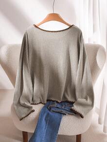 CosyJoli 大码女式休闲撞色滚边T恤，秋季罗纹针织优雅上衣，女士长袖T恤，休闲女装 - 杏色 - 查看 2