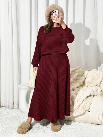 Auralis 大码女式罗纹长袖T恤和中长裙休闲两件套