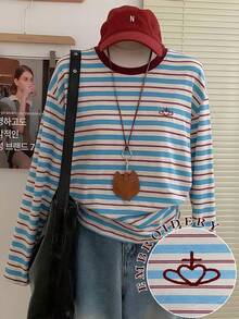 INAWLY Áo thun nữ/Thêu họa tiết trái tim/Thêu thủ công/Phong cách thêu/In họa tiết sọc nhiều màu khổ rộng/Phù hợp cho mùa thu, Áo thun thời trang/Áo thun nữ cổ tròn tay dài họa tiết sọc rộng rãi/Mùa xuân và mùa thu - Nhiều màu - Xem 1